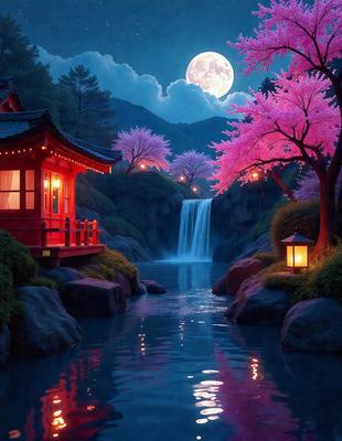 Primary subject: A small red house with a red roof, surrounded by a beautiful garden with pink flowers and a waterfall.

Setting/background: The scene is set in a serene garden with a waterfall, pink flowers, and a red house. The background features a night sky with a full moon, creating a peaceful and enchanting atmosphere.

Visual style: The image is a digital artwork, showcasing the artist's creativity and attention to detail.

Colors and mood